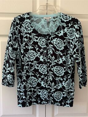 Mercer Street Studio Black & Light Blue Floral 3/4 Sleeve Cardigan - Women's